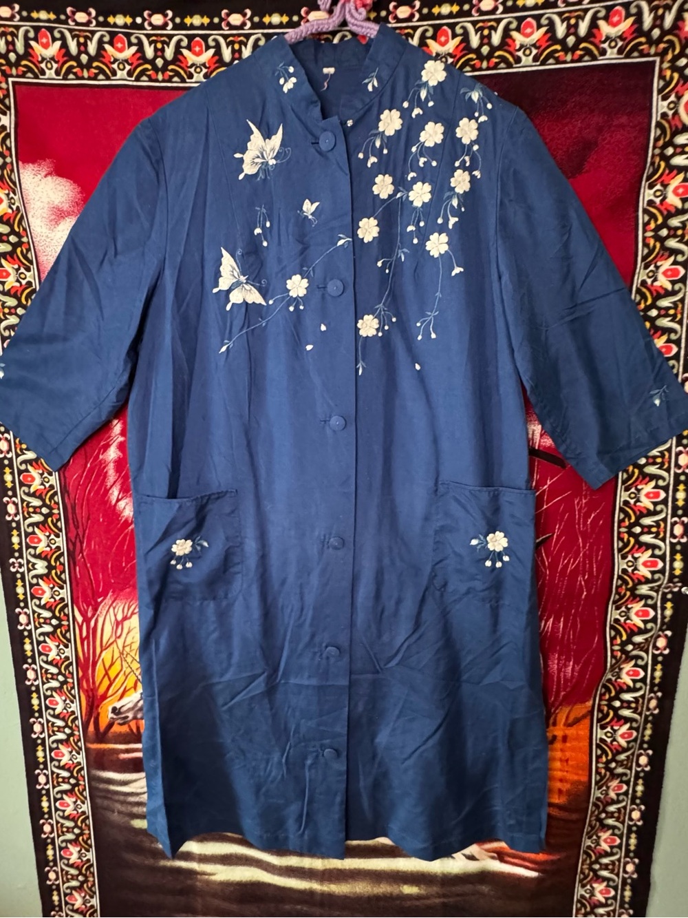 vintage 50s 60s delicate navy blue embroidered kimono style dress